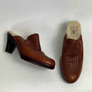 Ugg brown woven braided leather Gabriela slip on heeled mules women’s size 7.5